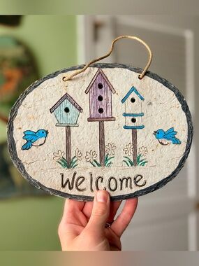 Vintage Cottagecore Garden Welcome Birdhouse Wall Hanging Stone Made